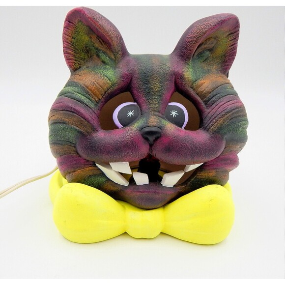 Hand Painted Ceramic Mold Grinning Cat Head Bowtie Lamp 2 PC Table Light - Picture 11 of 11